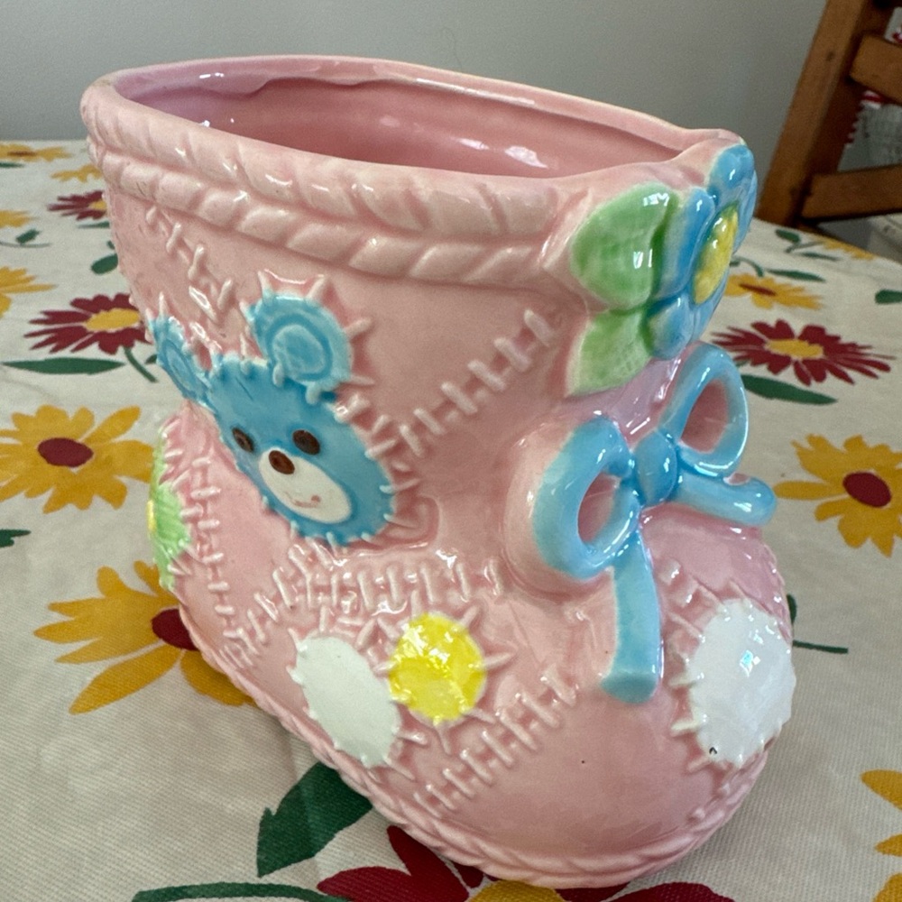 Pink Ceramic Boot Vase with Bear Design